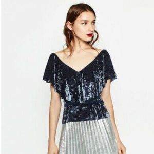 Zara Velvet Shoulder Blue Top